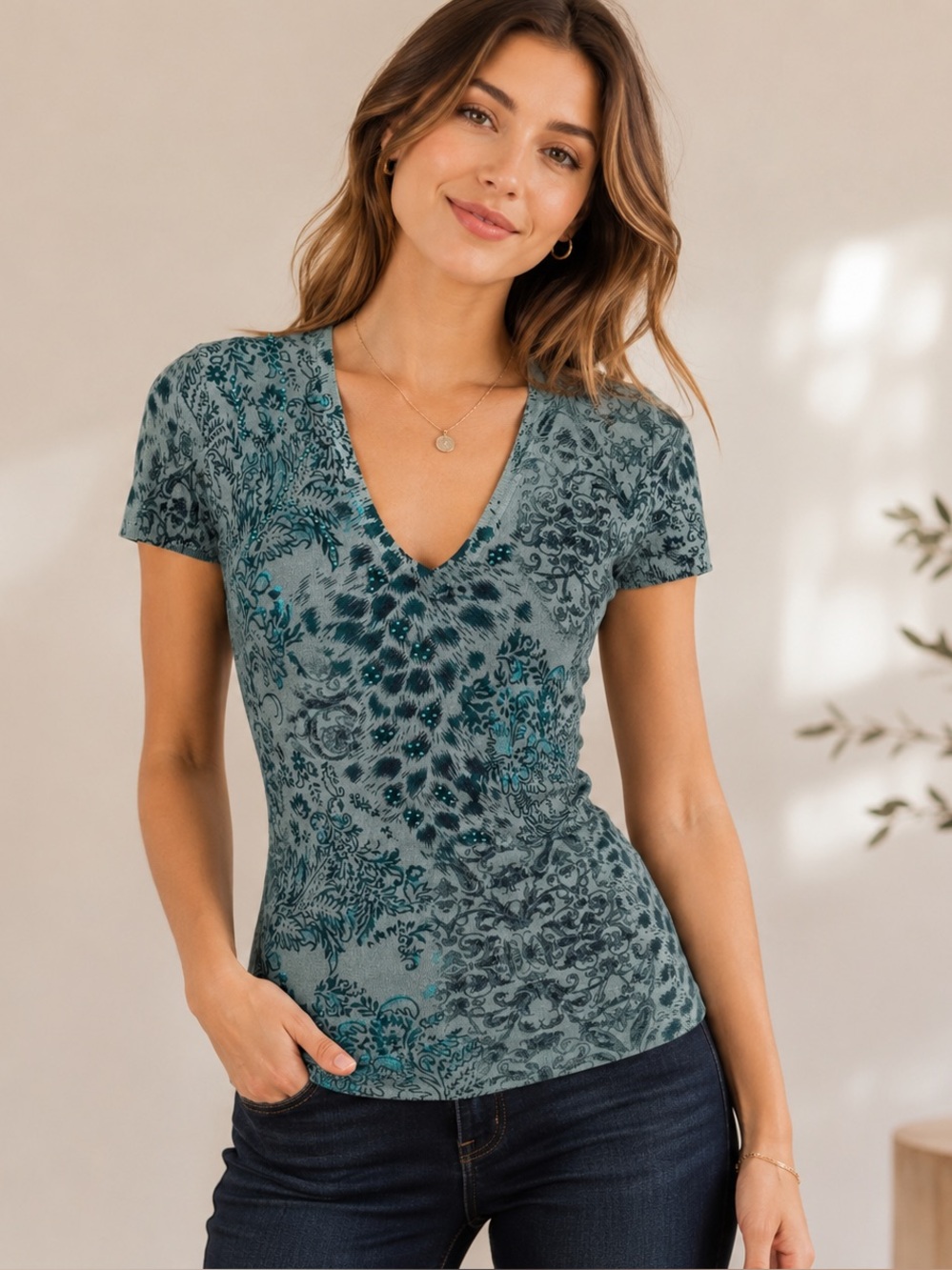 Vertigo Paris Women’s Small Teal Paisley Animal Print V-Neck Beaded Floral Top